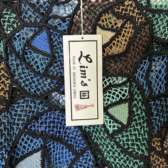 Lim’s 1980's Vintage Hand Crocheted Cotton Abstract Floral Top Small Green Blue - Picture 4 of 5